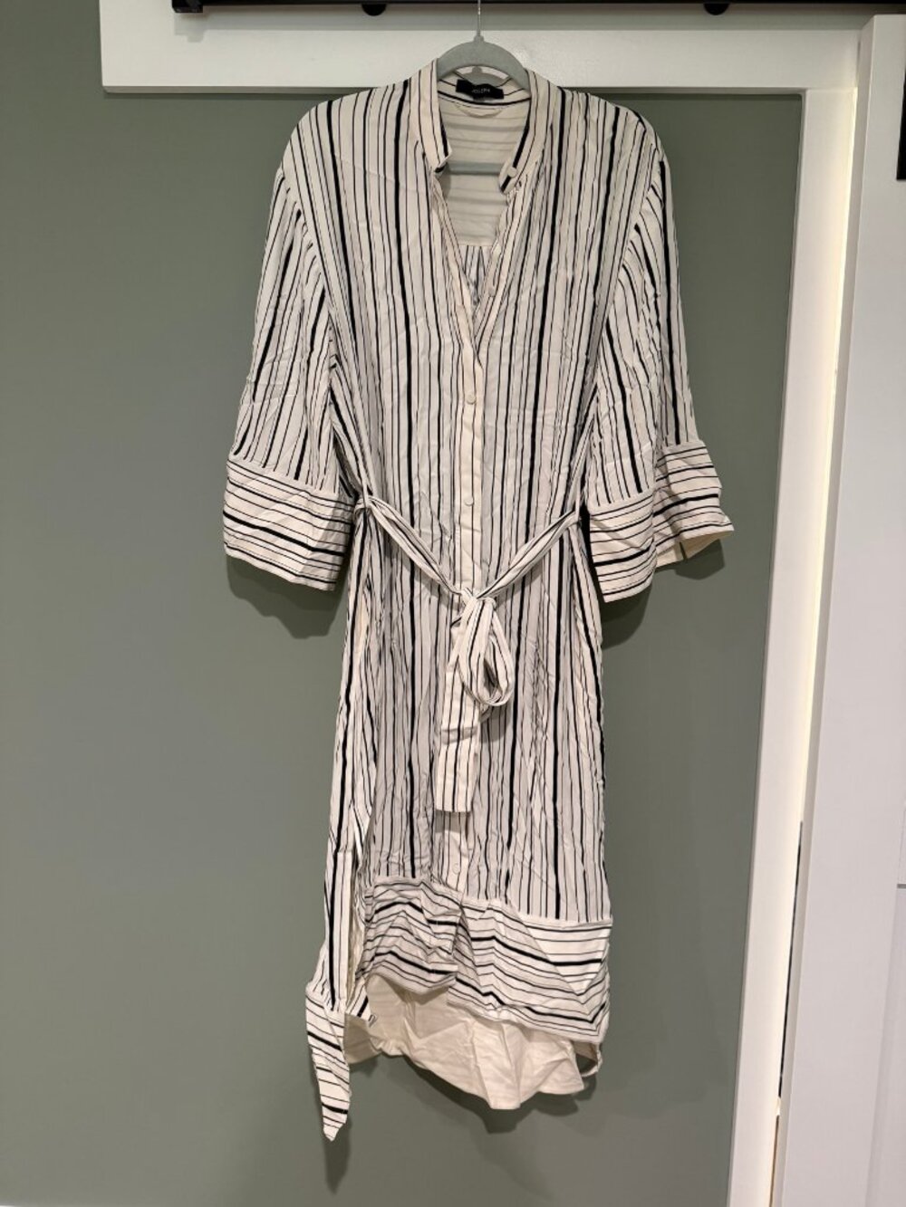 Joseph White Black Striped Silk Shirt Dress Tie Belt 40